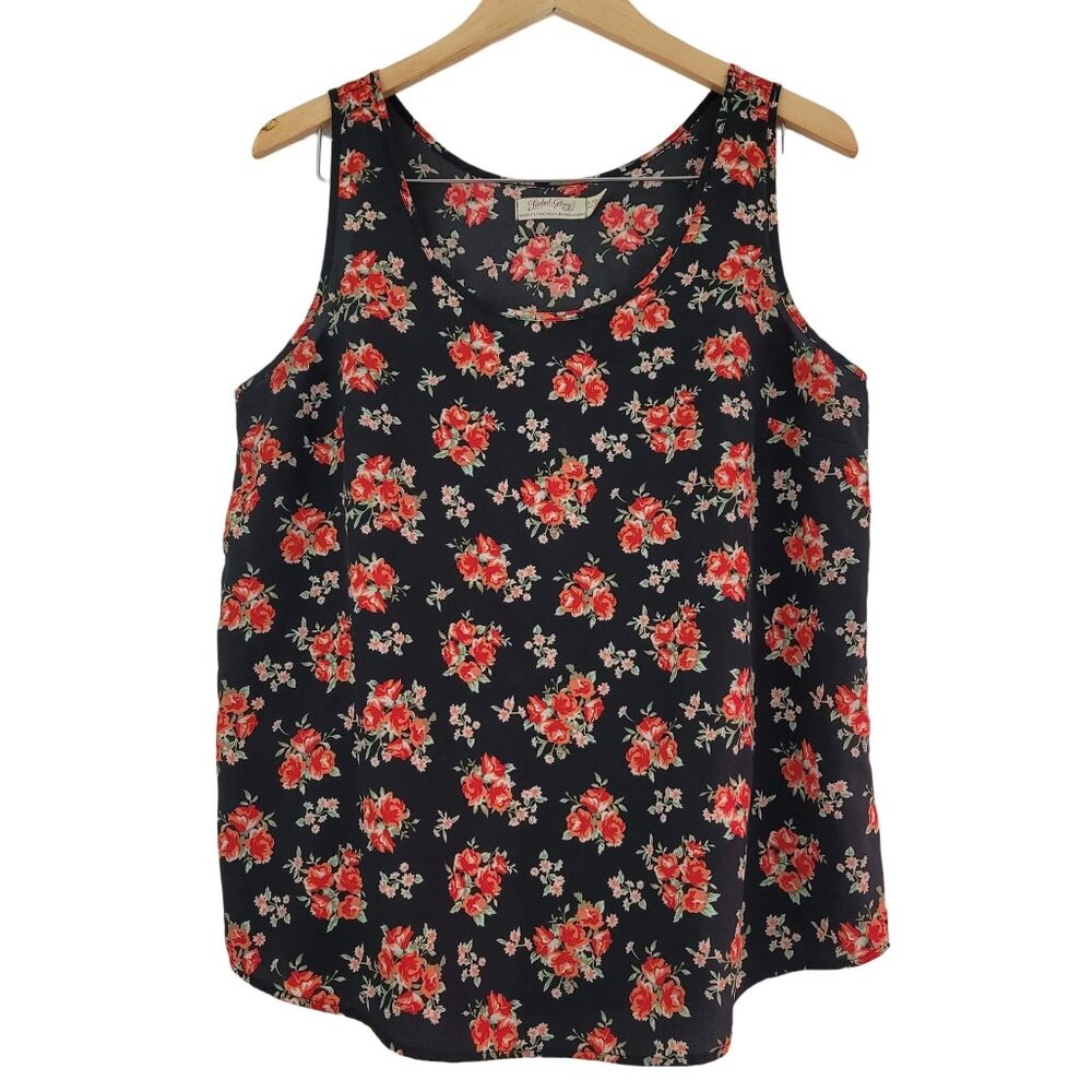 Faded Glory Womens Sz L Red Roses Floral Black Tank Top Y2K Romantic Retro Flowy